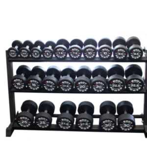 Body Power Pro Round Rubber Dumbbell Set - 2.5kg to 30kg & 3-Tier 62in Rack