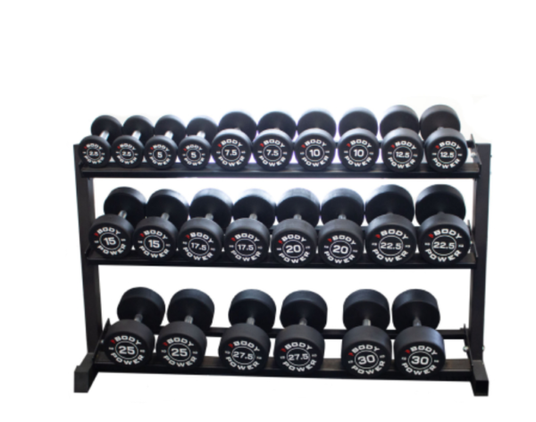 Body Power Pro Round Rubber Dumbbell Set - 2.5kg to 30kg & 3-Tier 62in Rack